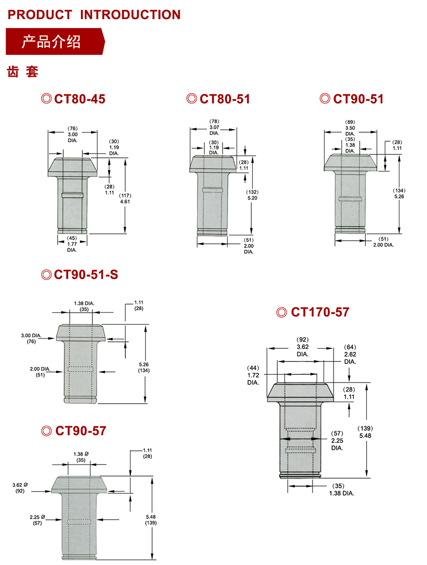 CT80-45截齿套、CT80-51截齿套、CT90-51截齿套、CT90-51-S截齿套、CT90-57截齿套、CT170-57截齿套